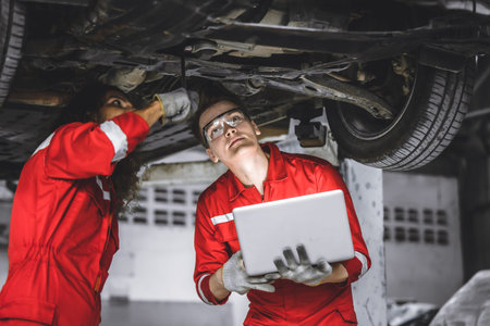 Mechanic male team staff worker working together under car auto service check tuning in garage