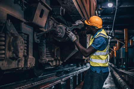 one man worker servicing replace broken part of old train at diesel locomotive repair shopsの写真素材