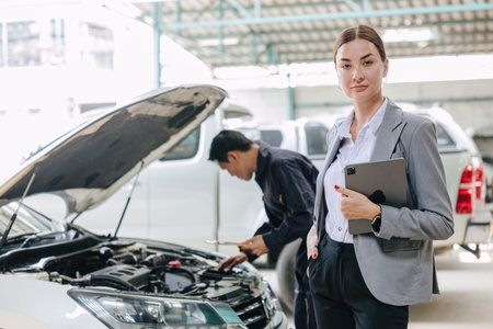 People working estimate repair cost in auto shop. Garage business owner car insurance claim team for...