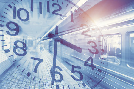 fast speed motion underground subway train overlay time clock for city rush working hours transit in business time conceptの写真素材