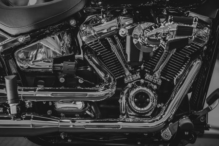 Chopper Motorcycle Engine High Performance, Artistic Luxury Design Street Bike Black and White.