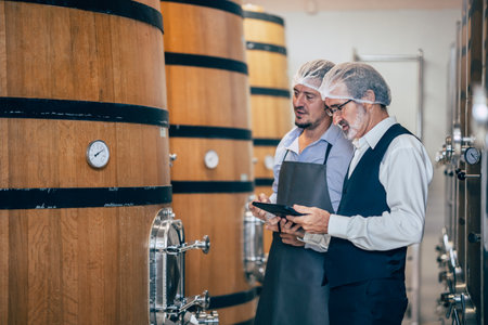 Winemaker working in modern large winery factory liquor drink industry quality and fermentation monitorの写真素材