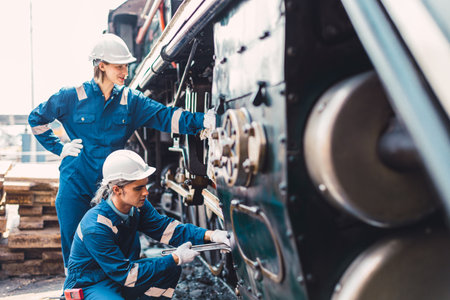 Train engineer team working service maintenance old dirty vintage classic steam engine locomotive in train repair workshop at train station.の写真素材