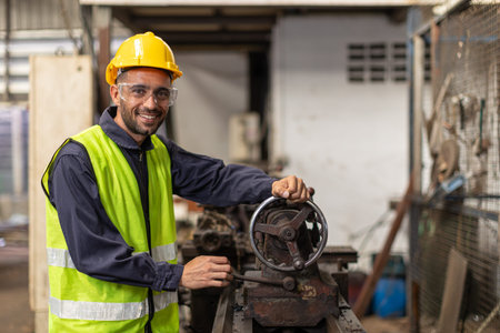 Hispanic latin indian male engineer worker happy smile enjoy working in metal lathe factory