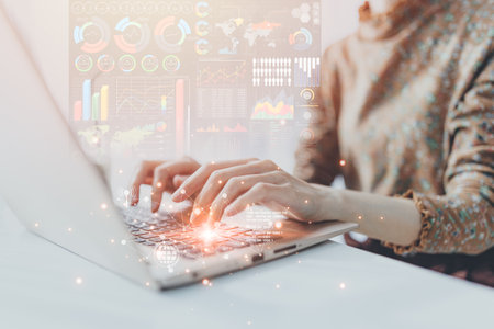 Business people use laptop computer bring business marketing data information from online database wireless network.の写真素材