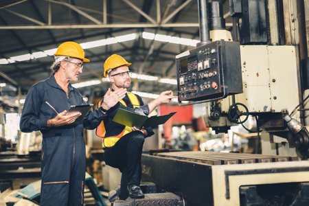 senior male worker training new young engineer employee working in heavy industry metal factoryの写真素材