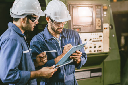 Engineer worker working together training technical give education solve machine problem in factory...