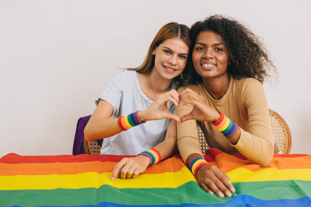 Portrait LGBT woman hand heart love sign mix race living together with rainbow flag looking cameraの写真素材