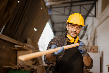 Happy carpenter worker working look at wood panel material for making masterpiece wood crafting furniture.の写真素材