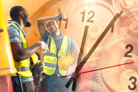 worker brake lunch happy relax time working times industry employee working hours good welfare.の写真素材