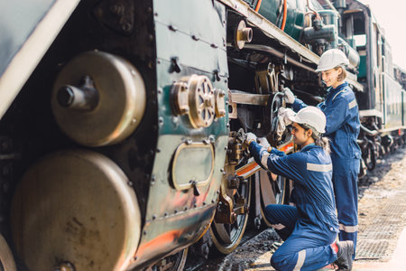 Train engineer team working service maintenance old dirty vintage classic steam engine locomotive in train repair workshop at train station.の写真素材