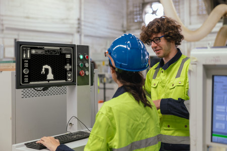 technician engineer training tralking together. worker technician team control operate industry...