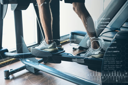 Modern technology in sport science concept. muscle strength training people in sport club overlay data chart body analysis diagram interfaceの写真素材