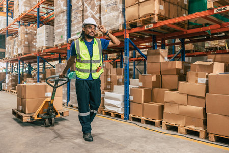 warehouse worker using parcel pallet in cargo shipping logistics ship supply management employee workplace conceptの写真素材