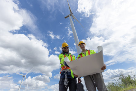 Wind turbine engineer technician male team working service maintenance survey construction site. Eco...