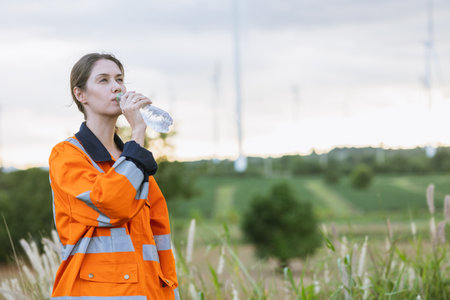 Engineer woman technician standing relax rest drinking clean water after finish service maintenance wind turbine power generatorの写真素材