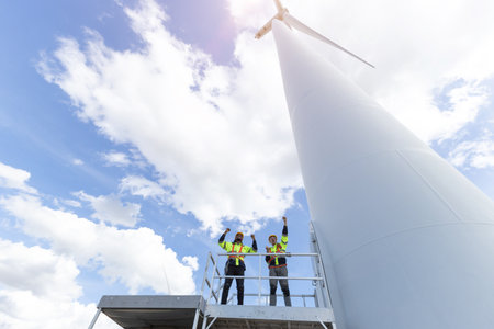 Success engineer team gladfull raised hands after finish working service build new wind turbine eco power clean energy infrastructureの写真素材