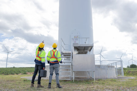 Wind turbine engineer technician male team working service maintenance survey construction site. Eco...