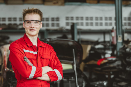 portrait happy garage mechanic male worker working fix service maintenance auto vehicle engineの写真素材