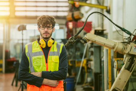 portrait smart young american engineer caucasion male work with automation machinery operator confident arm crossedの写真素材