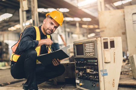 portrait engineer male worker schedule machine service check. inspector staff work in heavy industry...