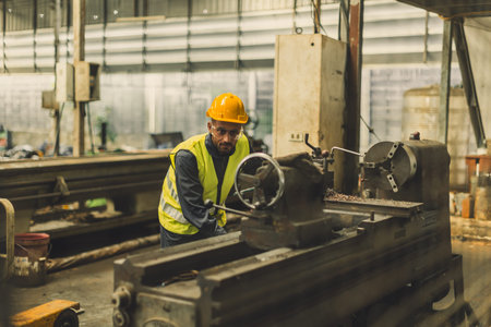 Hispanic Latin Indian male professional tecnician worker working with steel precision milling...