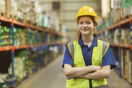 smart confident young teen caucasian worker in warehouse industry store manager staff standing happy...