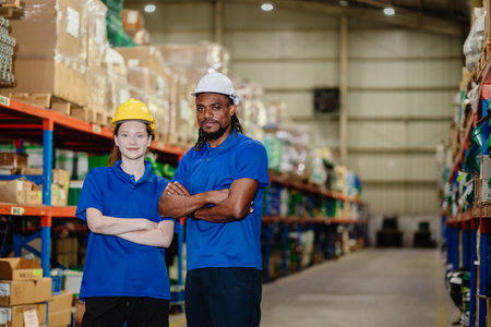 smart confident warehouse worker team portrait standing together happy smiling for industry labor enjoy working teamworkの写真素材