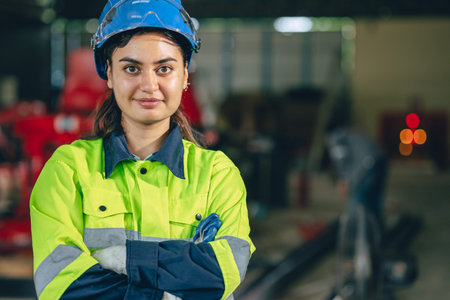 Portrait Indian young smart engineer woman worker confident look with safety suit work in advance technology industryの写真素材