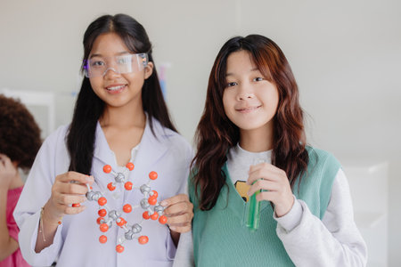 Portrait smart young asian teen girl enjoy learning and play in school experimental chemical science lab  happy smilingの写真素材