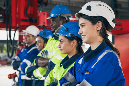 Group of engineering team happy worker diversity technician. woman engineers standing arm crossing...