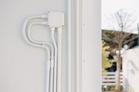 Professional outdoor electrical wiring wall installation with PVC conduit and waterproof connector box.の写真素材