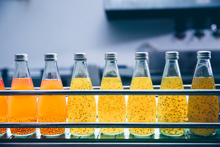 Drink factory automatic production working line. fruit juice beverage hygiene product at conveyor belt nobodyの写真素材