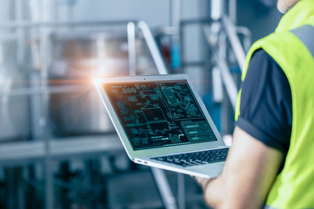 Engineer with laptop high technology software for industrial factory automation operate control service machine working monitor.の写真素材