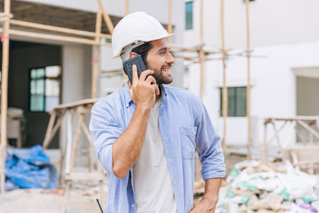 happy foreman builder using smart phone calling business contact in construction site. construction engineer or architect with modern connection technology device.real estate investorの写真素材