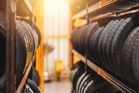 new car tire mix type on storage shelf at warehoue stock inventory in auto garage workshop for saleの写真素材