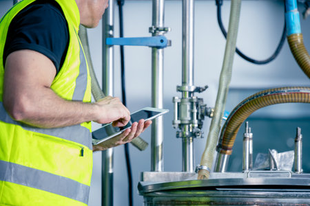 Technician engineer male worker working in boiler room gas pipe checking service routine in industry factoryの写真素材