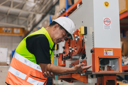 Senior male worker serious accident machine hand clamp injury in industry workplace need emergency...
