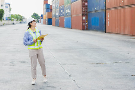 Asian woman happy dock worker control loading containers cargo at shipyard. Marine and carrier staff...