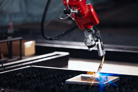 Closeup robot arm metal  Argon Welding Machine working. Robotic technology in precious automation...