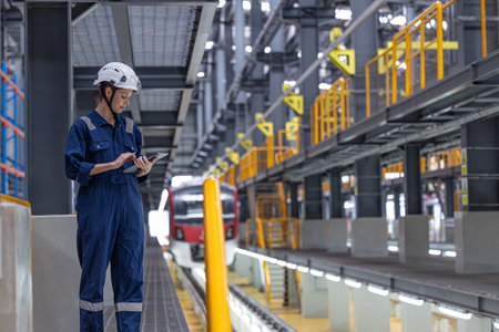 Professional electricity train rail engineer worker working train service inspector checking track rail system in train depot workshopの写真素材