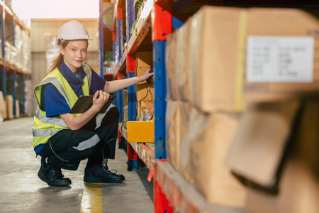 warehouse worker. inventory clerk staff stock employee work in cargo storage shelf managed checking...