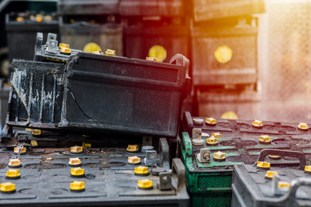 Battery waste danger. Pile of old used EV car batteries toxic waste chemicals lead leak impact nature no recycled.の写真素材