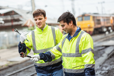 Engineer worker skill labor team friend working at train depot service maintenance locomotive in railway tracks.の写真素材