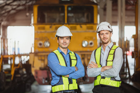 Portrait engineer two men standing in locomotive train depot friend technician team worker smart condident employee.の写真素材