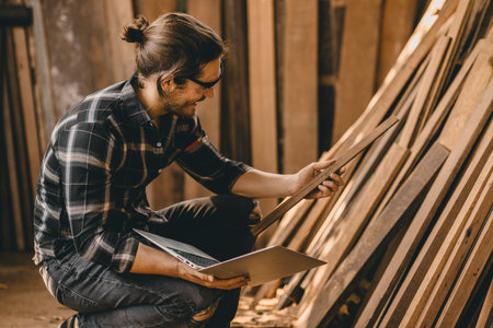 Joiner furniture maker worker choice select wood material from pile stock to find wood piece that suitable for new projects.の写真素材