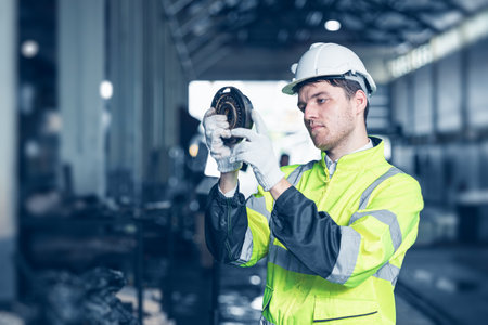 Professional engineer caucasian male inspector advance technology machine engineering precise gear part with high detail attention blue color toneの写真素材