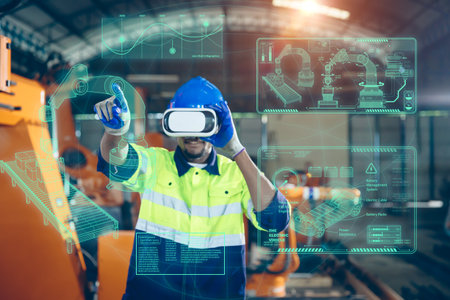 Engineer use VR virtual reality technology control operate robot machine in modern factory new innovation in  engineering industryの写真素材