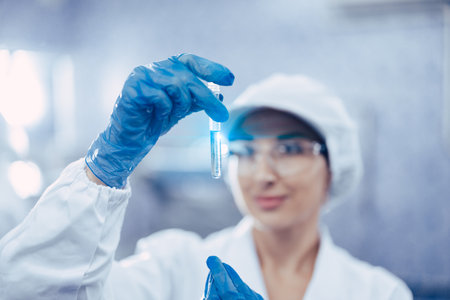 Industry scientist qc staff work checking testing quality of products water in drinking water plant production line.の写真素材