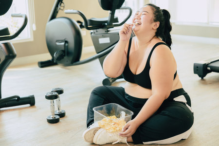 Binge Eating Disorder (BED), happy fat women laugh enjoy unstopable eating chips snack food during relax brake from exercise in fitness sport club.の写真素材